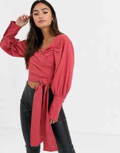 Фактурный топ с длинными рукавами и запахом вокруг талии ASOS DESIGN-Светло-бежевый