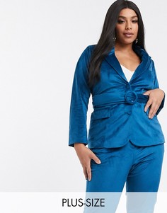Сине-зеленый бархатный пиджак с поясом Fashion Union Plus-Синий