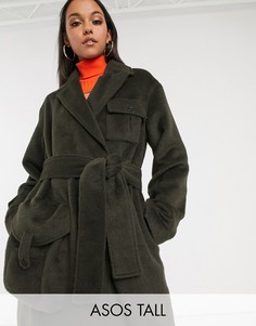 Пальто цвета хаки с начесом в стиле милитари ASOS DESIGN Tall-Зеленый