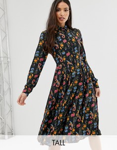 Платье-рубашка миди с плиссированной юбкой и цветочным принтом Glamorous Tall-Черный