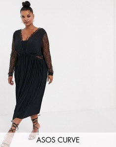 Платье миди с кружевом и плиссировкой ASOS DESIGN Curve-Черный