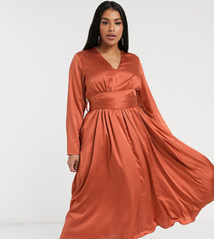 Атласное чайное платье миди с глубоким вырезом Glamorous Curve-Оранжевый