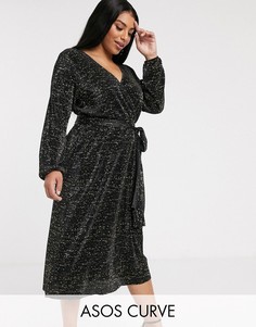 Плиссированное чайное платье миди с длинными рукавами ASOS DESIGN Curve-Черный