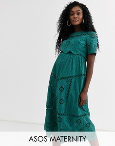 Двухслойное платье миди с вышивкой ришелье ASOS DESIGN Maternity-Зеленый