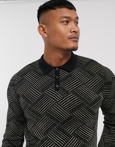 Черная футболка-поло с золотистым геометрическим принтом ASOS DESIGN-Черный