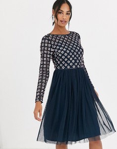 Платье мини с длинными рукавами и отделкой AngelEye-Темно-синий
