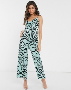 Атласный комбинезон со свободным воротом и зебровым принтом ASOS DESIGN-Мульти
