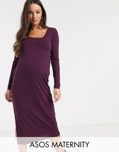 Платье миди в рубчик с квадратным вырезом и длинными рукавами ASOS DESIGN Maternity-Фиолетовый