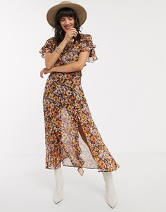 Платье миди с оборками и цветочным принтом Topshop-Мульти