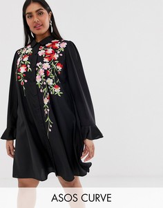 Свободное платье-рубашка мини с вышивкой ASOS DESIGN Curve-Черный