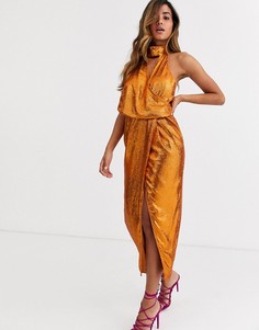 Драпированное платье миди из пайеток ASOS DESIGN-Коричневый