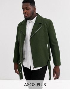 Байкерская куртка хаки с добавлением шерсти и поясом ASOS DESIGN Plus-Зеленый