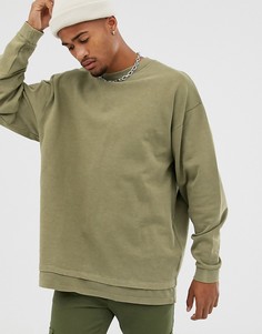Меланжевый выбеленный oversize-свитшот цвета хаки с краем в стиле футболки ASOS DESIGN-Зеленый