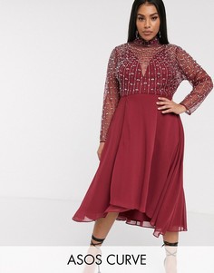 Платье миди с декорированным лифом и запахом на юбке ASOS DESIGN Curve-Красный