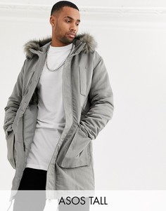 Серая парка с искусственным мехом ASOS DESIGN Tall-Серый