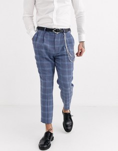 Строгие суженные брюки в клетку с добавлением шерсти ASOS DESIGN-Синий