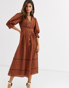 Платье миди на пуговицах и с вышивкой ришелье ASOS DESIGN-Коричневый