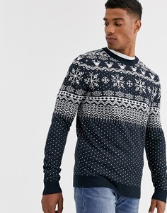 Темно-синий новогодний джемпер с узором Фэйр-Айл Jack & Jones Originals