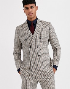 Коричневый двубортный приталенный пиджак в клетку Jack & Jones Premium