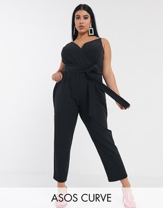 Комбинезон с запахом и поясом ASOS DESIGN Curve-Черный