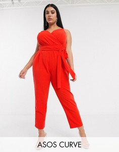 Комбинезон с запахом и поясом ASOS DESIGN Curve-Красный