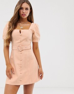 Джинсовое платье мини с объемными рукавами и поясом ASOS DESIGN-Розовый