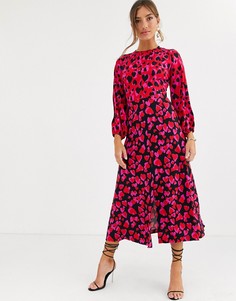 Платье миди с длинными рукавами, смешанным принтом сердец и разрезом Closet-Мульти