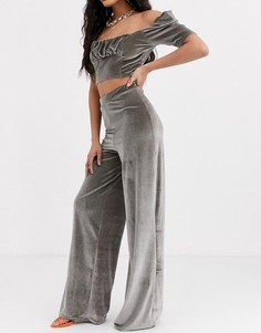 Бархатные брюки с широкими штанинами и завышенной талией Missguided-Бежевый