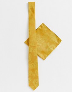 Узкий галстук и платок для пиджака горчичного цвета с жаккардовым узором пейсли ASOS DESIGN-Желтый