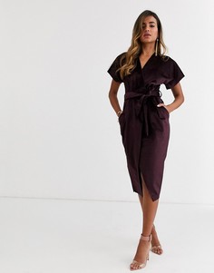Сливовое бархатное платье миди с запахом и поясом Closet London-Фиолетовый