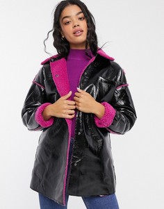 Черная виниловая куртка с искусственным мехом ASOS DESIGN-Черный