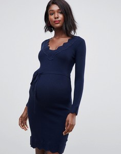 Темно-синее трикотажное платье мини с кружевом и V-образным вырезом Mamalicious maternity-Темно-синий Mama.Licious