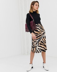 Атласная юбка-комбинация миди с косым кроем и принтом \тигр\" River Island-Мульти