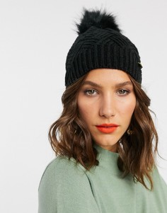 Черная вязаная шапка-бини с помпоном из искусственного меха River Island-Черный
