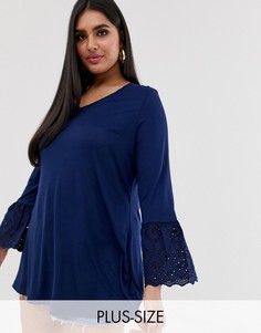 Длинный темно-синий топ с вышивкой ришелье на манжетах Simply Be