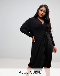 Свободное платье миди с длинными рукавами и узлом ASOS DESIGN Curve-Черный