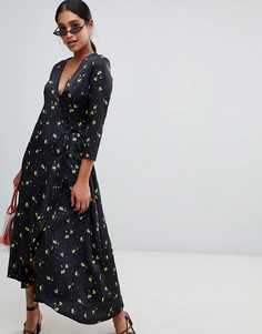 Платье макси с запахом и цветочным принтом Liquorish-Черный