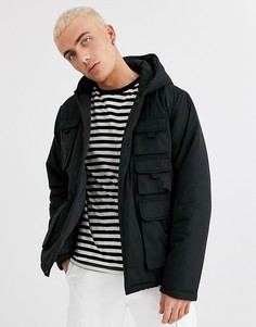 Черная дутая куртка с капюшоном в стиле милитари ASOS DESIGN-Черный