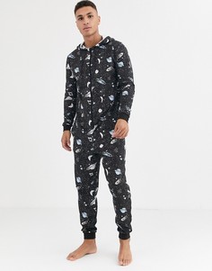 Черный комбинезон для дома с капюшоном и принтом ASOS DESIGN