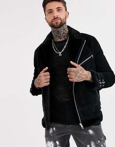 Черная замшевая куртка авиатор с искусственным мехом ASOS DESIGN-Черный