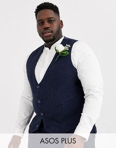 Синий приталенный жилет в клетку с добавлением шерсти ASOS DESIGN Plus wedding