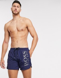Темно-синие шорты для плавания с названием бренда металлик BOSS bodywear-Темно-синий