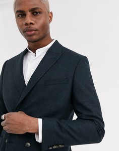 Темно-синий двубортный пиджак узкого кроя с накладными карманами Shelby & Sons