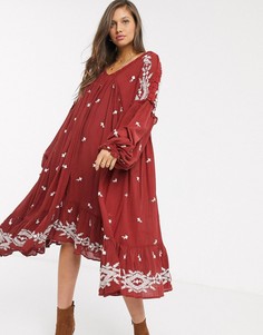 Платье миди с вышивкой Free People-Красный