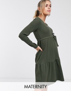 Свободное платье миди для беременных цвета хаки с поясом и баской Mamalicious-Зеленый Mama.Licious