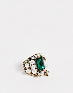 Кольцо с искусственным жемчугом и камнем изумрудного цвета Nylon-Зеленый