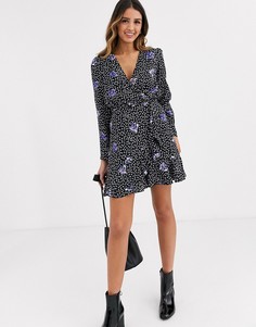 Платье мини с цветочным принтом и оборками Miss Selfridge-Черный