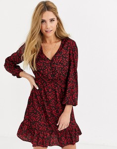 Платье мини с красным цветочным принтом и пуговицами New Look-Красный