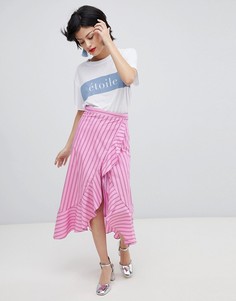 Юбка миди в полоску с оборкой River Island-Розовый