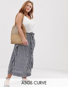 Пышная юбка миди в клетку с поясом и карманами ASOS DESIGN Curve-Мульти